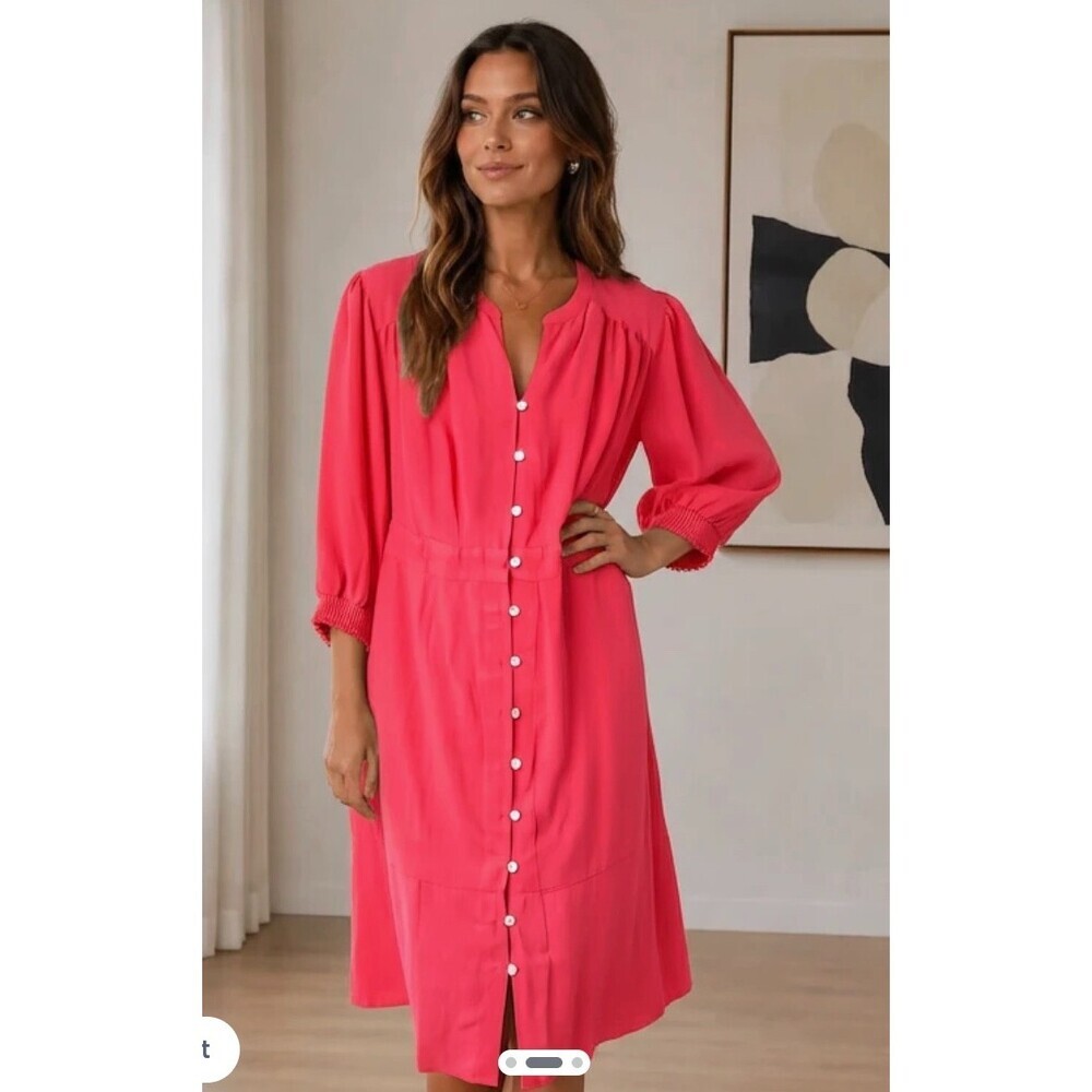 J.Jill Button-Front Linen Blend Dress SP Coral Smocked Cuffs 3/4 Sleeve A-Line